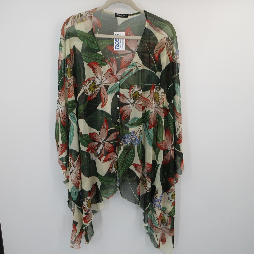 Cha Cha Vente Tropical Floral Mesh Handkerchief Hem Cardigan XL NWT